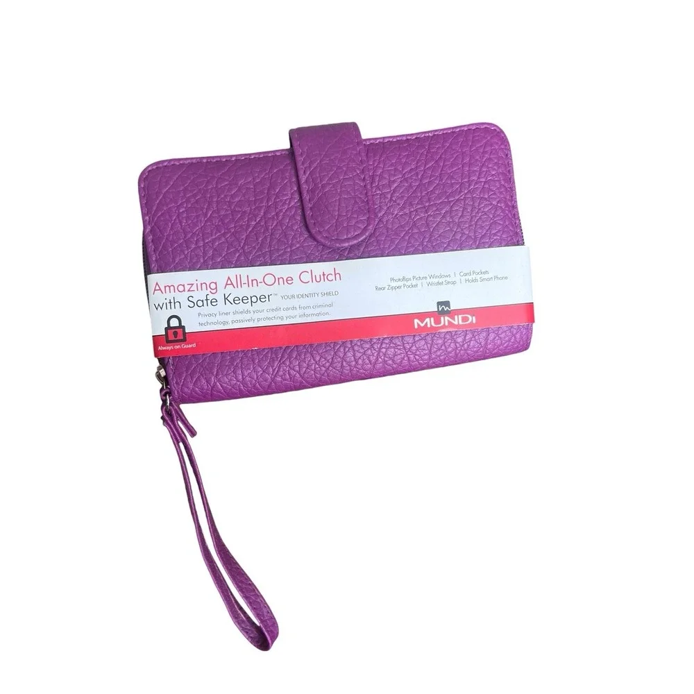 Mundi All In One Magenta Clutch Safe Keeper Zipper Photos Card Slots Wrist Strap